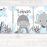 Kinderzimmerbilder / 3er Set / Giraffe, Nilpferd und Elefant im Dschungel/ mit oder ohne Namen/ A4 weiß blau Bild 2
