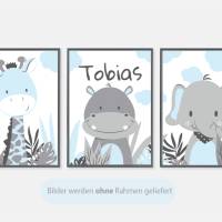Kinderzimmerbilder / 3er Set / Giraffe, Nilpferd und Elefant im Dschungel/ mit oder ohne Namen/ A4 weiß blau Bild 3