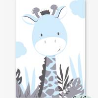 Kinderzimmerbilder / 3er Set / Giraffe, Nilpferd und Elefant im Dschungel/ mit oder ohne Namen/ A4 weiß blau Bild 4