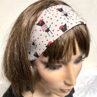Pfiffiges Haarband aus Baumwollstoff mit lustigen Maus-Motiven. Einheitsgröße durch eingefasstes Gummiband. Bild 1