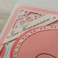 Kommunionkarte Lamm mit Rosen-Kranz rosa weiß verspielt Bild 2