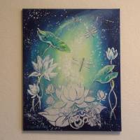 MAGIC LOTUS FLOWERS - Acrylgemälde mit Lotusblüten und Libellen 40cmx50cm Bild 3