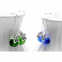 Glasperlen Ohrringe mit Blume . Lange Wechselohrringe in Blau und Grün . 3 in 1 . Filigraner Blumenanänger Bild 2