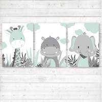 Kinderzimmerbilder / 3er Set / Giraffe, Nilpferd und Elefant im Dschungel/ mit oder ohne Namen/ A4 weiß mint Bild 1