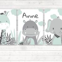 Kinderzimmerbilder / 3er Set / Giraffe, Nilpferd und Elefant im Dschungel/ mit oder ohne Namen/ A4 weiß mint Bild 2