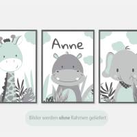 Kinderzimmerbilder / 3er Set / Giraffe, Nilpferd und Elefant im Dschungel/ mit oder ohne Namen/ A4 weiß mint Bild 3