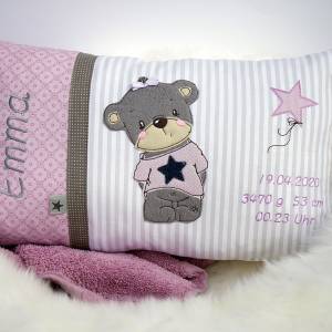 Personalisiertes Kissen zur Geburt oder Taufe, Teddy, rosa grau, aus Baumwollstoff,  Kuschelkissen, Kinderkissen,Namensk Bild 3