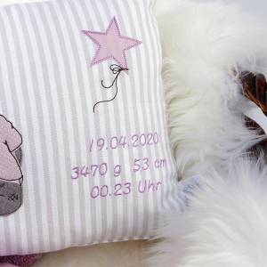 Personalisiertes Kissen zur Geburt oder Taufe, Teddy, rosa grau, aus Baumwollstoff,  Kuschelkissen, Kinderkissen,Namensk Bild 5