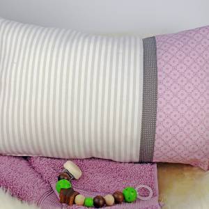 Personalisiertes Kissen zur Geburt oder Taufe, Teddy, rosa grau, aus Baumwollstoff,  Kuschelkissen, Kinderkissen,Namensk Bild 6