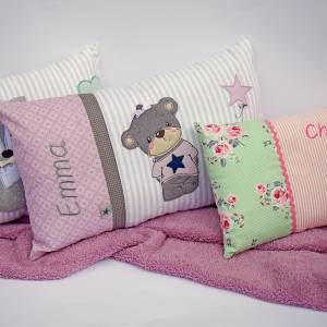 Personalisiertes Kissen zur Geburt oder Taufe, Teddy, rosa grau, aus Baumwollstoff,  Kuschelkissen, Kinderkissen,Namensk Bild 7