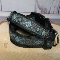 Hundehalsband Halsband "Ornamente", Lurex silber mit blau auf schwarz, 3cm breit Bild 1