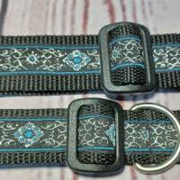 Hundehalsband Halsband "Ornamente", Lurex silber mit blau auf schwarz, 3cm breit Bild 6