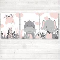 Kinderzimmerbilder / 3er Set / Giraffe, Nilpferd und Elefant im Dschungel/ mit oder ohne Namen/ A4 weiß rosa Bild 1