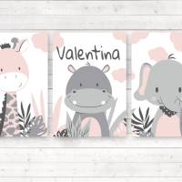 Kinderzimmerbilder / 3er Set / Giraffe, Nilpferd und Elefant im Dschungel/ mit oder ohne Namen/ A4 weiß rosa Bild 2