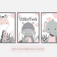 Kinderzimmerbilder / 3er Set / Giraffe, Nilpferd und Elefant im Dschungel/ mit oder ohne Namen/ A4 weiß rosa Bild 3