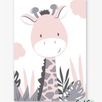 Kinderzimmerbilder / 3er Set / Giraffe, Nilpferd und Elefant im Dschungel/ mit oder ohne Namen/ A4 weiß rosa Bild 4