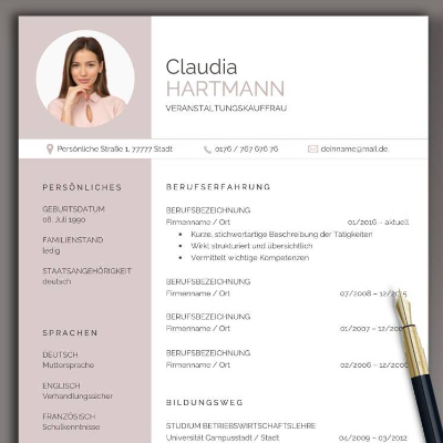 Bewerbungsvorlage deutsch | Lebenslauf Vorlage deutsch rosé Word & Pages
