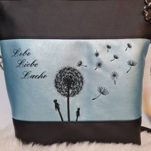 Handtasche Pusteblume türkis metallic mit Spruch Lebe Liebe Lache Umhängetasche  Tasche mit Anhänger Kunstleder Bild 5