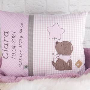 Personalisiertes Kissen zur Geburt oder Taufe, Hund, rosa, braun, aus Baumwollstoff, mit Namen, Biggis Design Bild 1