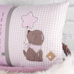 Personalisiertes Kissen zur Geburt oder Taufe, Hund, rosa, braun, aus Baumwollstoff, mit Namen, Biggis Design Bild 3