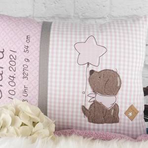 Personalisiertes Kissen zur Geburt oder Taufe, Hund, rosa, braun, aus Baumwollstoff, mit Namen, Biggis Design Bild 7