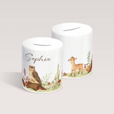 Spardose "Waldtiere" mit Namen personalisiert für Kinder • Geschenk für Einschulung, Geburt und Taufe