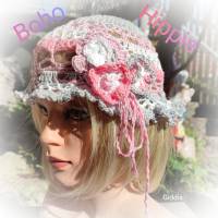 Boho-Hippie- Festivalmütze, gehäkelt, rosa/grau Bild 1