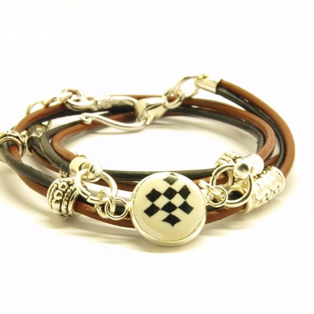 Wickelarmband Leder Cabochon kariert schwarz weiß