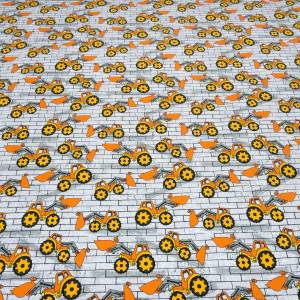 Stoff Baumwolle French Terry Sweatshirtstoff Trecker Traktor Bagger grau orange Kinderstoff Kleiderstoff Bild 3