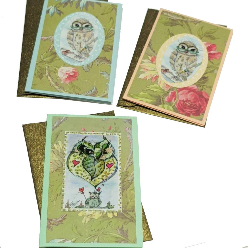 Eulen Mini Karte Set romantisch Blüten im Mini Umschlag edle Klappkarte Vatertag Herz vintage stil Bild 1