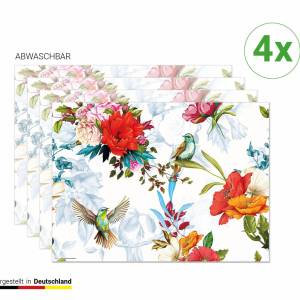 Tischsets I Platzsets abwaschbar - Bunte Kolibris mit Wildblumen - aus Premium Vinyl - 4 Stück - 44 x 32cm Tischdekorati Bild 1