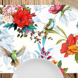 Tischsets I Platzsets abwaschbar - Bunte Kolibris mit Wildblumen - aus Premium Vinyl - 4 Stück - 44 x 32cm Tischdekorati Bild 2