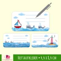 12 Heftaufkleber | Wale - Leuchtturm - Segelboot - Schulaufkleber zum selbstbeschriften - 4,4 x 8,4 cm Bild 1