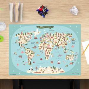 Schreibtischunterlage Kinder– Weltkarte – 60 x 40 cm – Schreibunterlage abwischbar aus erstklassigem Premium Vinyl – Mad Bild 1