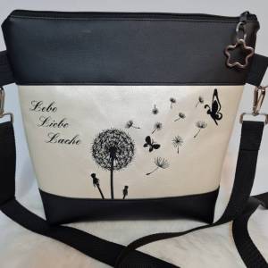 Handtasche Pusteblume weiss metallic mit Spruch Lebe Liebe Lache und Schmetterling Umhängetasche  Tasche mit Anhänger Ku Bild 1