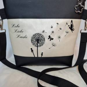 Handtasche Pusteblume weiss metallic mit Spruch Lebe Liebe Lache und Schmetterling Umhängetasche  Tasche mit Anhänger Ku Bild 3