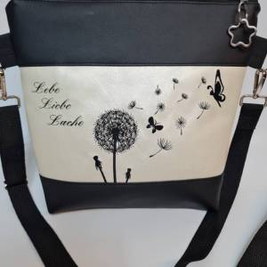 Handtasche Pusteblume weiss metallic mit Spruch Lebe Liebe Lache und Schmetterling Umhängetasche  Tasche mit Anhänger Ku Bild 5