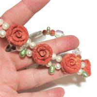 Perlenkette mit Koralle Rosen als Brautschmuck handgemacht Schaumkoralle boho handmade Bild 2