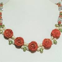 Perlenkette mit Koralle Rosen als Brautschmuck handgemacht Schaumkoralle boho handmade Bild 4