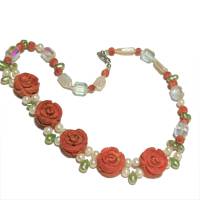 Perlenkette mit Koralle Rosen als Brautschmuck handgemacht Schaumkoralle boho handmade Bild 5