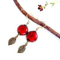 Ohrringe rot hängend, romantischer Look,handmade Ohrringe, kirschrot mit Blättern aus Murano Glas im Vintage Hippie Stil Bild 2
