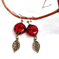 Ohrringe rot hängend, romantischer Look,handmade Ohrringe, kirschrot mit Blättern aus Murano Glas im Vintage Hippie Stil Bild 5
