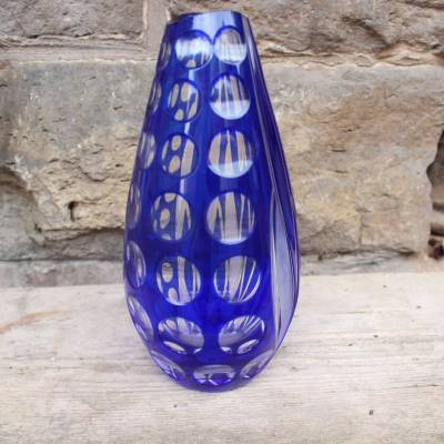 Kobalt Vase Bleikristall Lupen und Kerbschliff Böhmen Handmade Midcentury 60er 70er Jahre