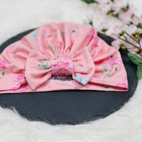 Turban Mütze, Turbanmütze, Babymütze, Kindermütze, Schleifenmütze rosa mit kleinen Schmetterlingen und Lybellen Bild 2