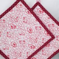 Topflappen aus antikem Bauernstoff und handgewebten Leinen, Patchwork Handarbeit, Rosen Punkte, rot-rosa-weiß Bild 2