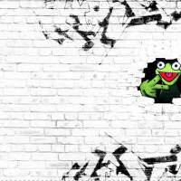 FROSCH schaut aus der Mauer * frecher grüner Graffitti Frosch * ganzes Panel 100 x 145 cm * JERSEY * Sommerstoff * fein Bild 1