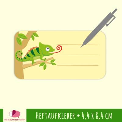 12 Heftaufkleber | Chamäleon - Schulaufkleber zum selbstbeschriften - 4,4 x 8,4 cm