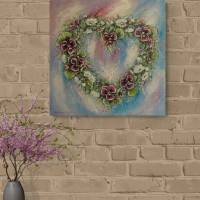 BLÜTENHERZ MIT VEILCHEN - romantisches Blumenbild mit Glitter und Strukturpaste 50cmx50cm Bild 2