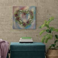 BLÜTENHERZ MIT VEILCHEN - romantisches Blumenbild mit Glitter und Strukturpaste 50cmx50cm Bild 3