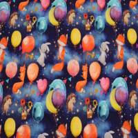 Baumwolljersey Fuchs Hase Igel Luftballon Blumen Herzen auf dunkelblau Sternenhimmel Kinderstoffe Jersey Meterware nähen Bild 1